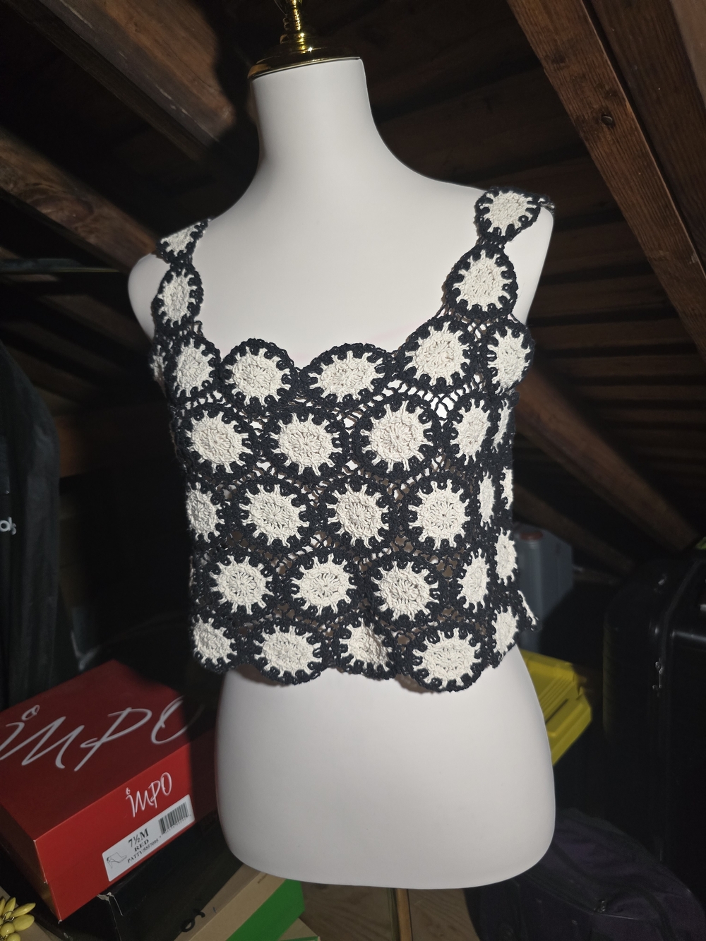Black and Cream Crochet Floral Square-Neck Crop Top